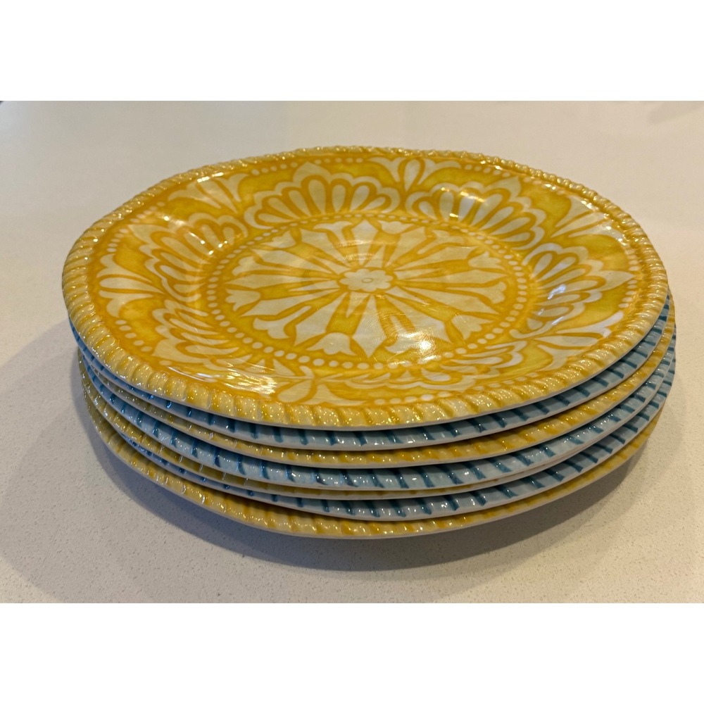 Tommy Bahama Melamine Dinner Plates Yellow Blue Mandala Mediterranean set of 7